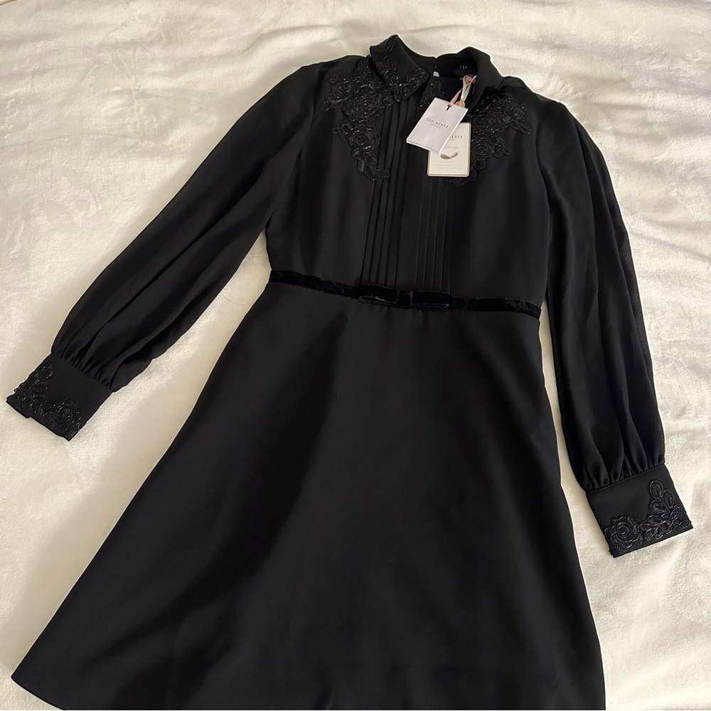 Ted Baker Embroidered Collared Long Sleeve Black Mini Dress - Picture 4 of 6